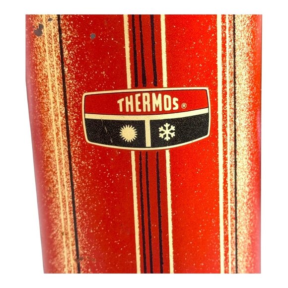 Vintage Red Striped Camping Thermos 1 Qt Vacuum Bottle With Cup Lid 1950s READ - Picture 2 of 13